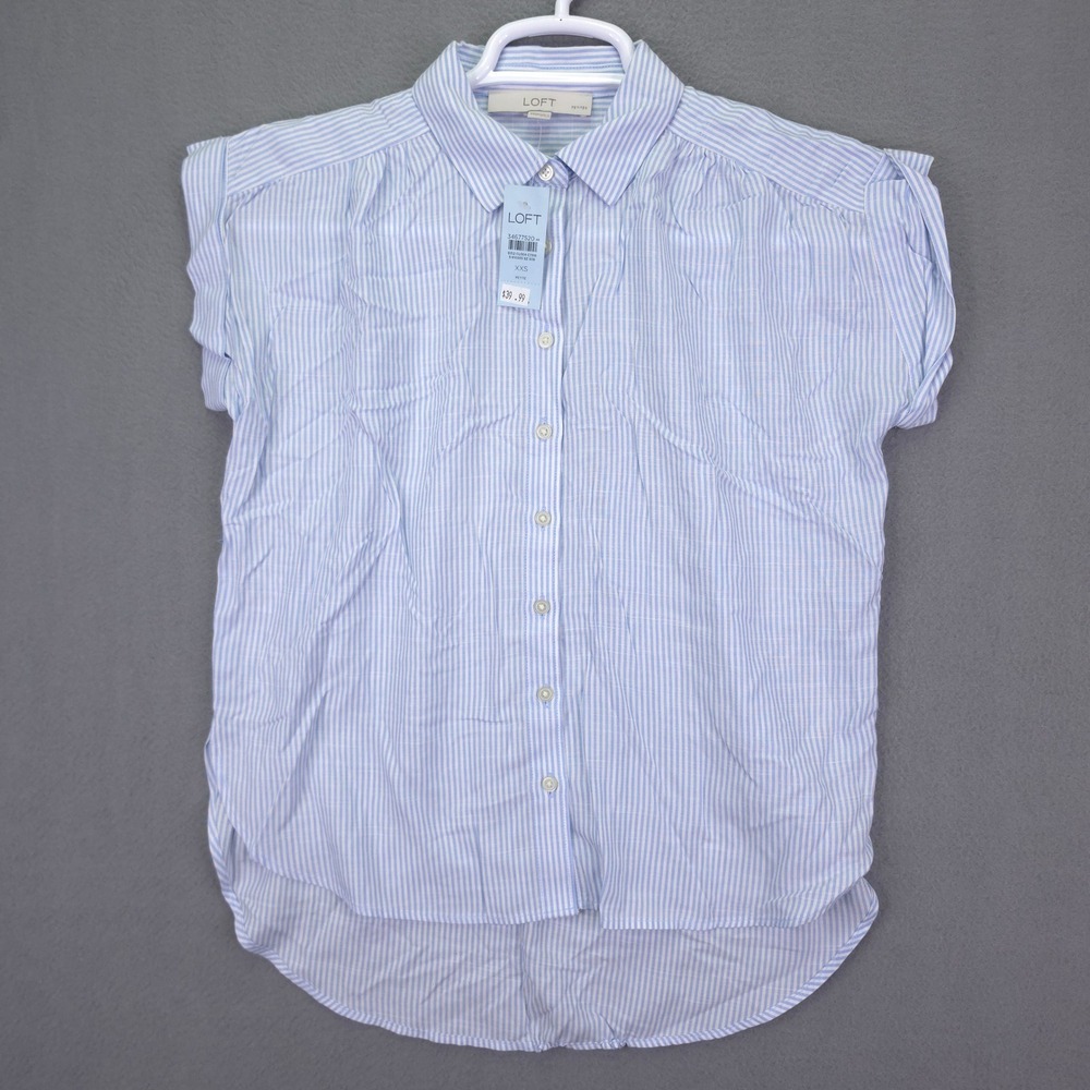 LOFT Shirt Button Up Striped Blue White XXS Petite Rayon Cap Sleeve Classic